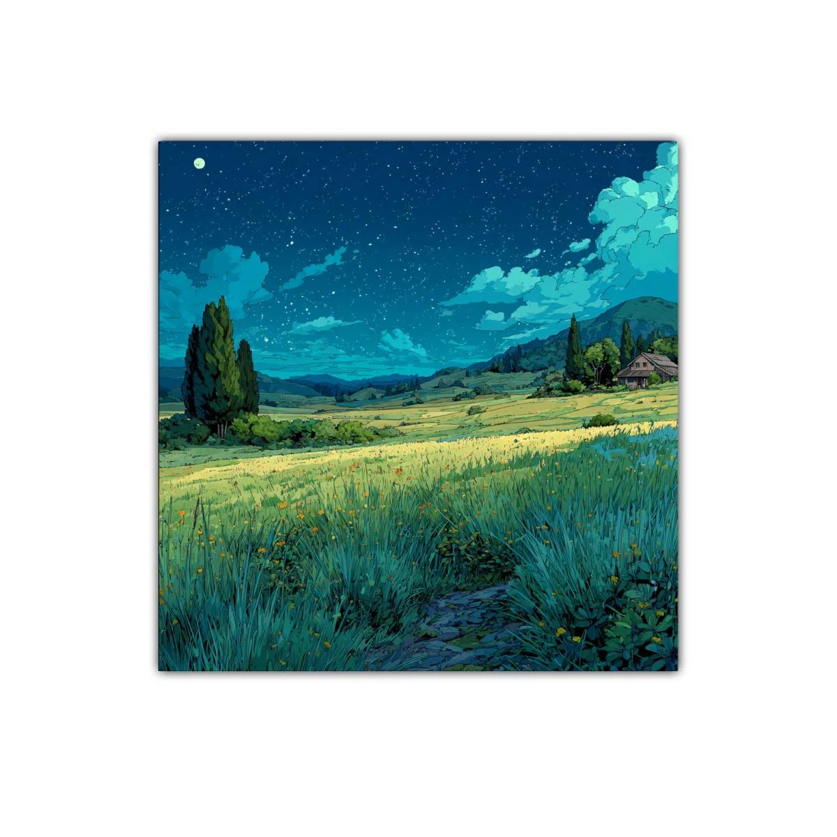 Paisaje nocturno de pradera iluminada por estrellas — miniatura 1