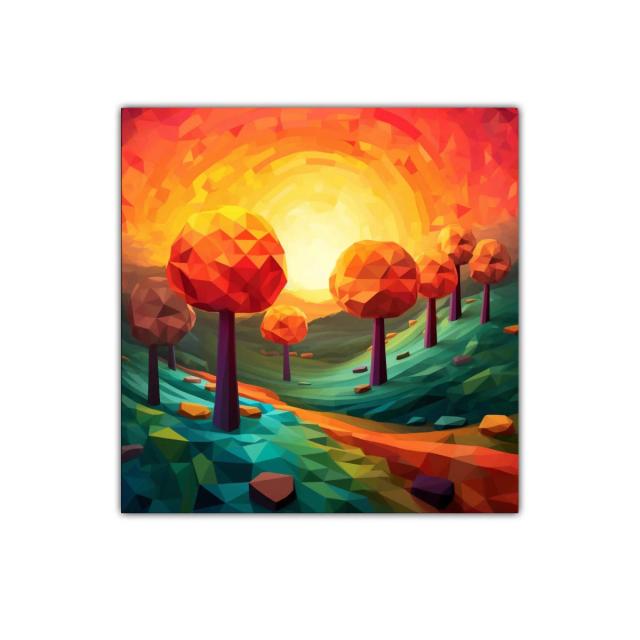 Paisaje geométrico con árboles naranjas al atardecer