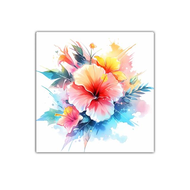 Cuadro floral con hibiscos vibrantes y hojas coloridas