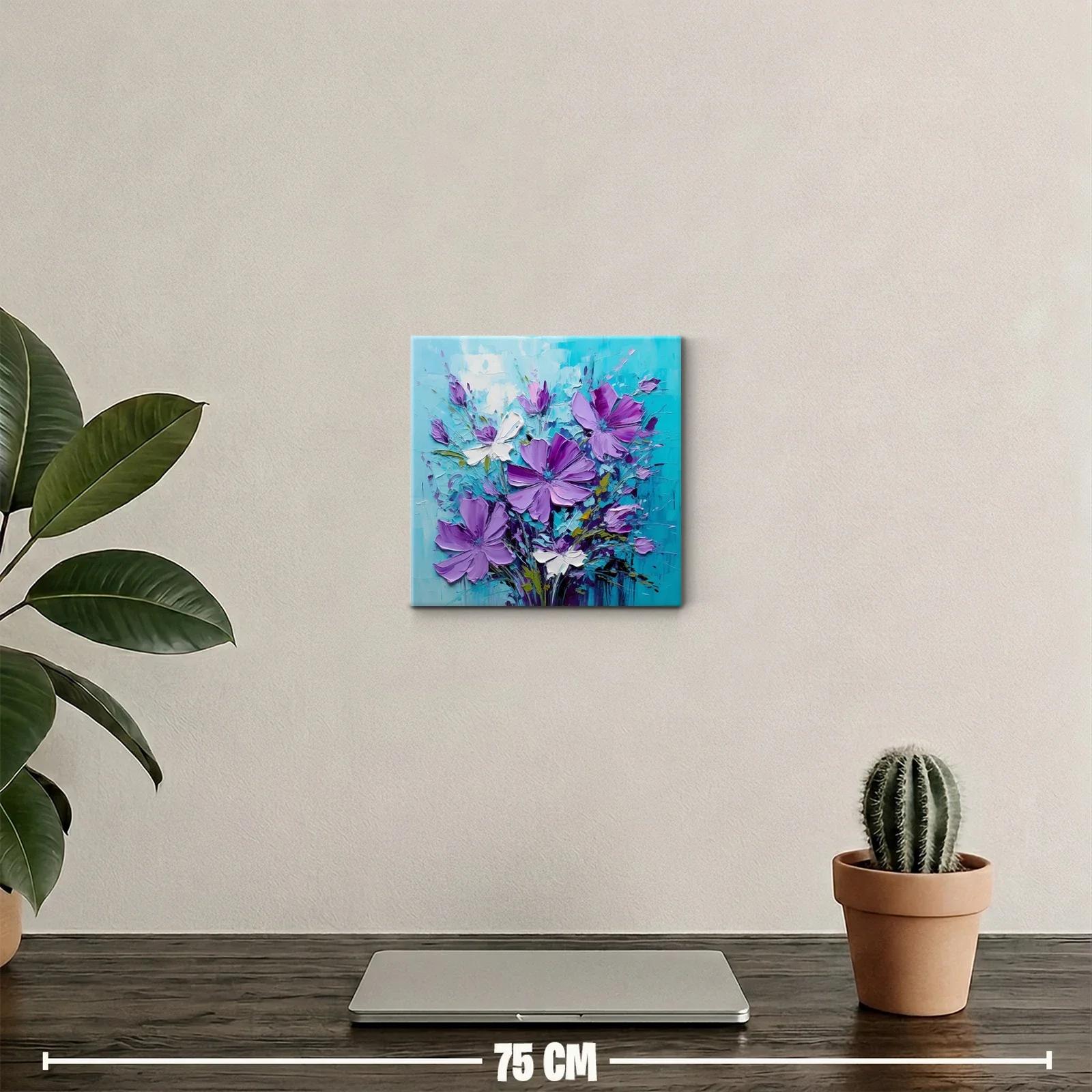 Cuadro floral con flores moradas y fondo turquesa vibrante — miniatura 2