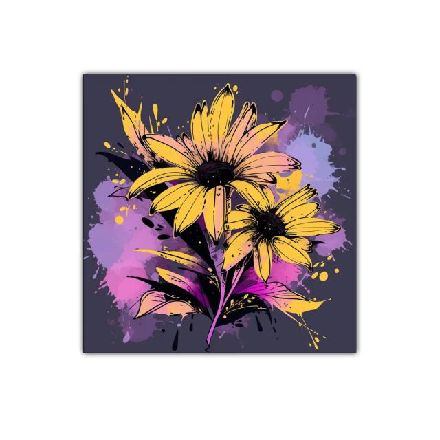 Cuadro vibrante con flores amarillas y fondo abstracto morado