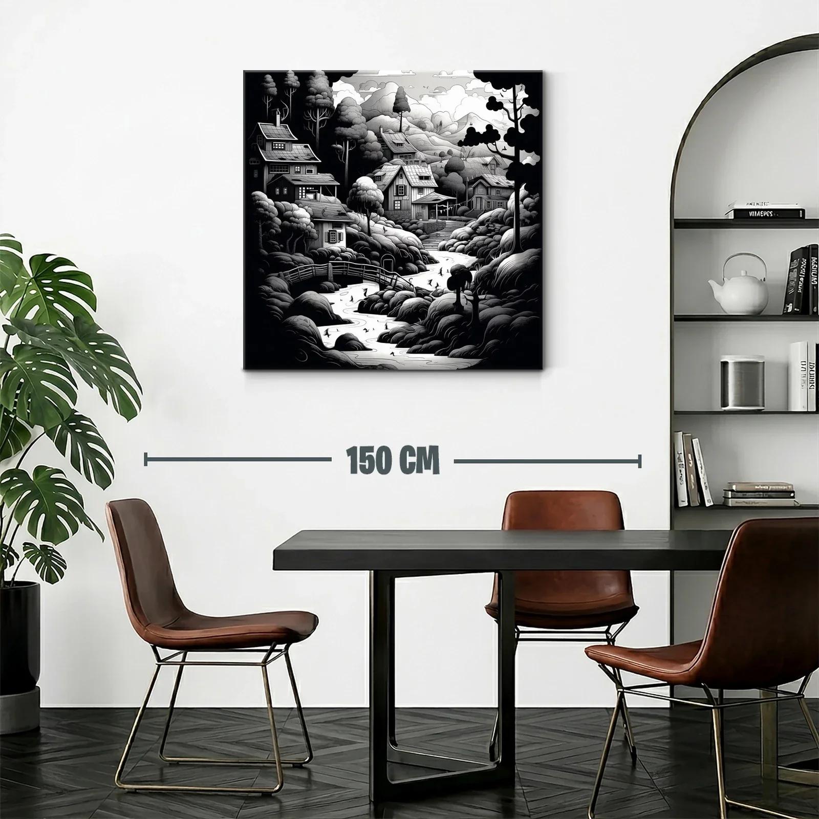 Paisaje rural en blanco y negro con casas y río serpenteante — miniatura 2
