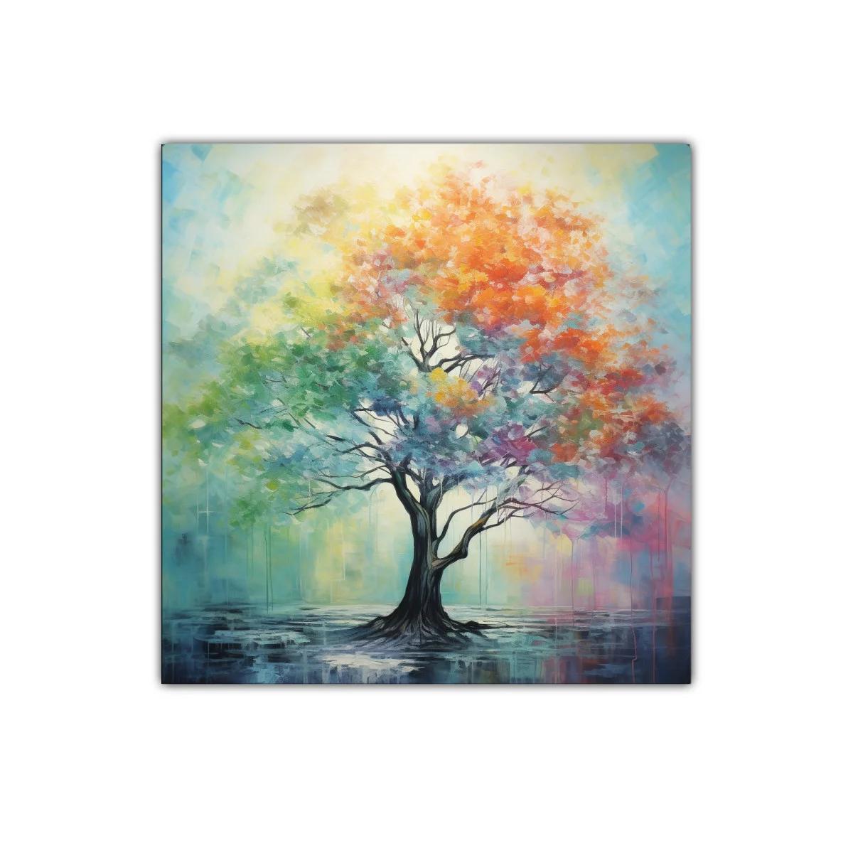 Árbol multicolor con ramas radiantes y fondo etéreo