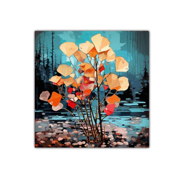 Cuadro decorativo con plantas otoñales sobre fondo azul intenso