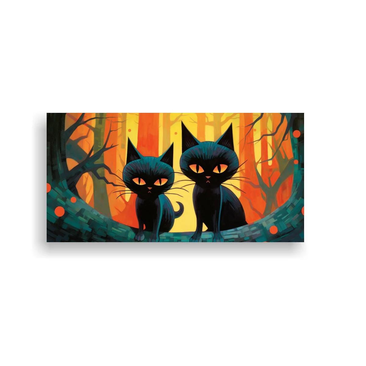Cuadro dos gatos negros entre ramas y luces doradas