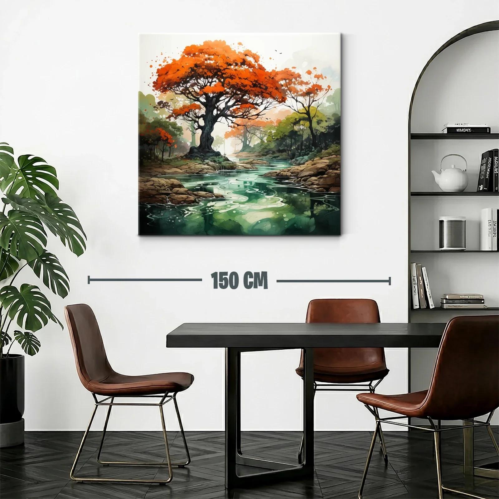 Árbol con follaje rojo sobre río sereno en paisaje natural — miniatura 2