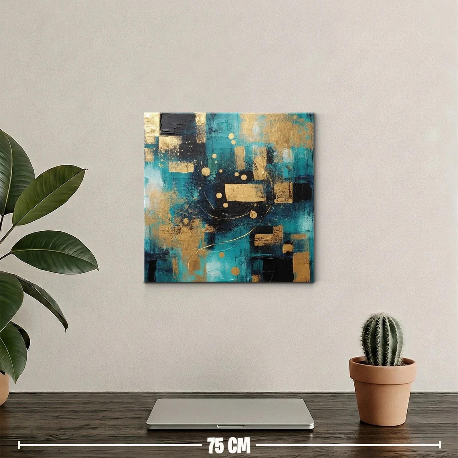 Cuadro abstracto con tonos azul turquesa y dorado — miniatura 2