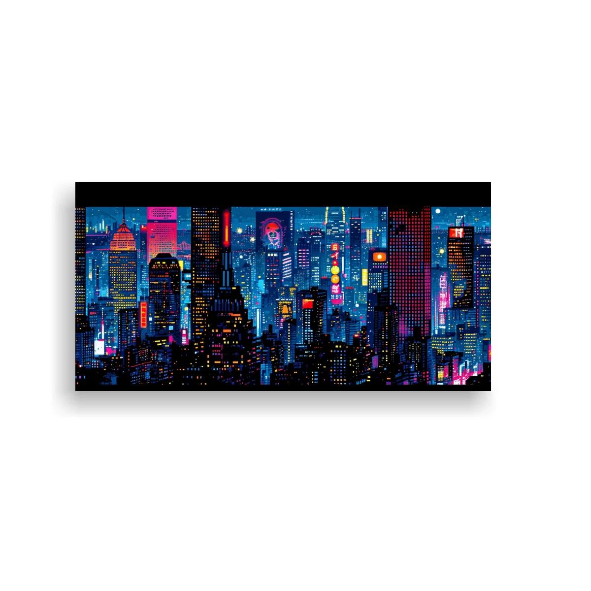 Cuadro skyline urbano nocturno con neón vibrante