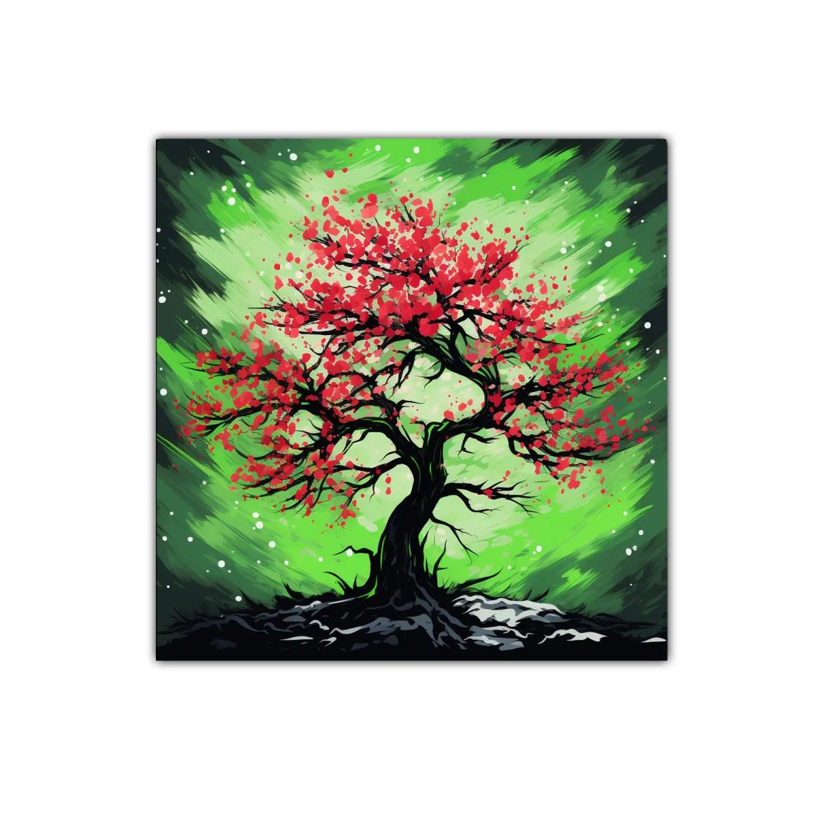 Árbol vibrante con flores rojas sobre fondo verde dinámico — imagen principal