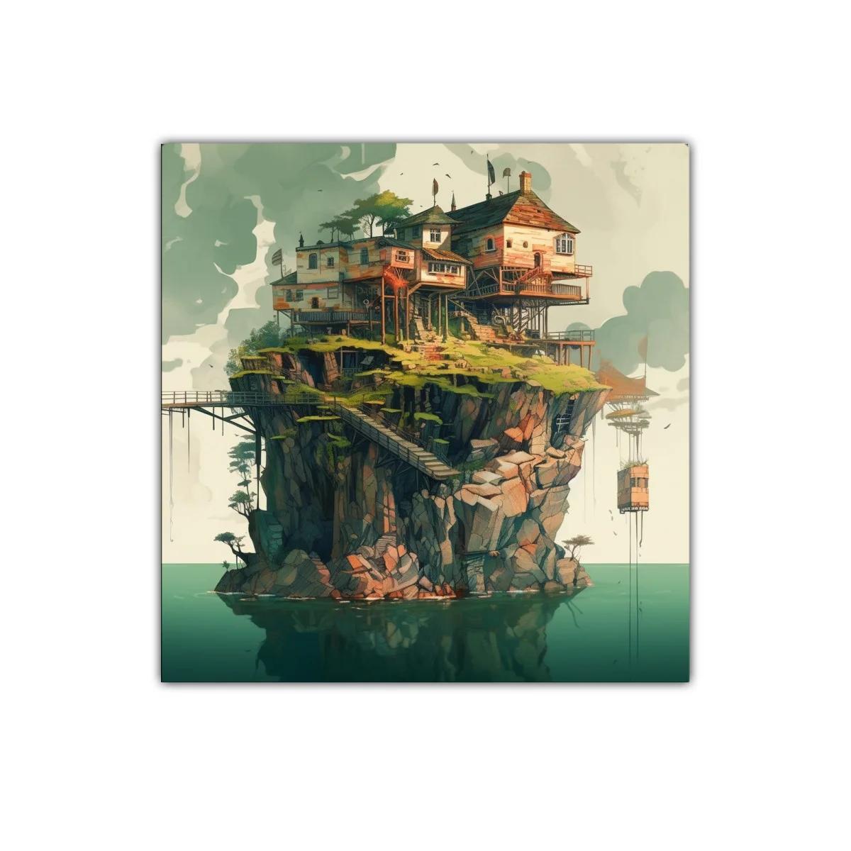 Paisaje surrealista con casas sobre acantilado rocoso