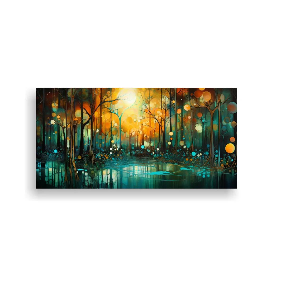 Cuadro bosque junto a un lago con luces doradas