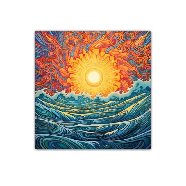 Sol radiante entre olas vibrantes de colores intensos