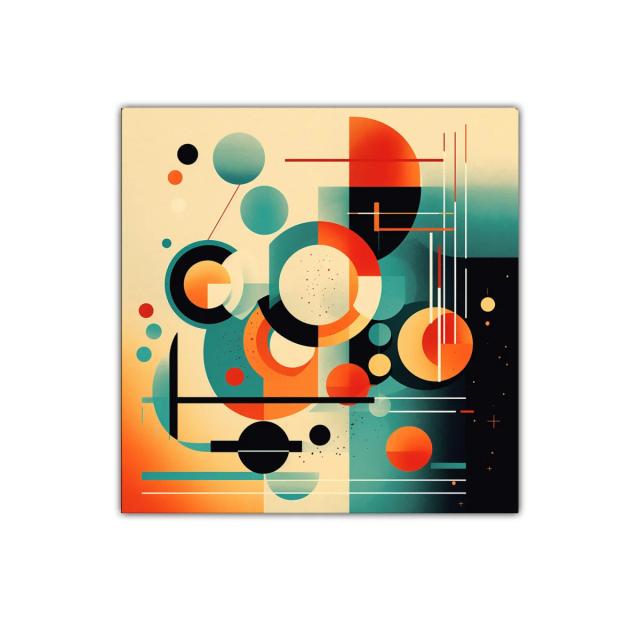 Cuadro abstracto geométrico con círculos y líneas vibrantes