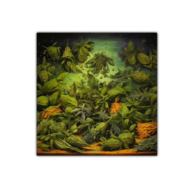 Cuadro decorativo con hojas verdes y toques amarillos