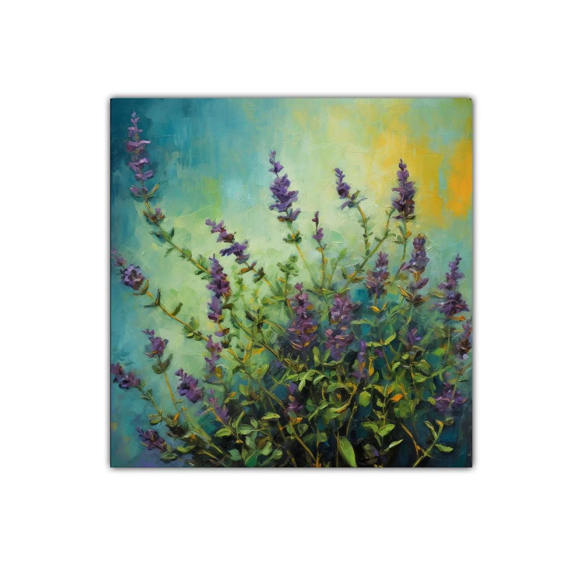 Cuadro decorativo con flores moradas y fondo azul verde