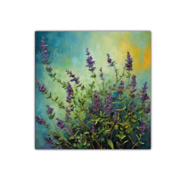 Cuadro decorativo con flores moradas y fondo azul verde