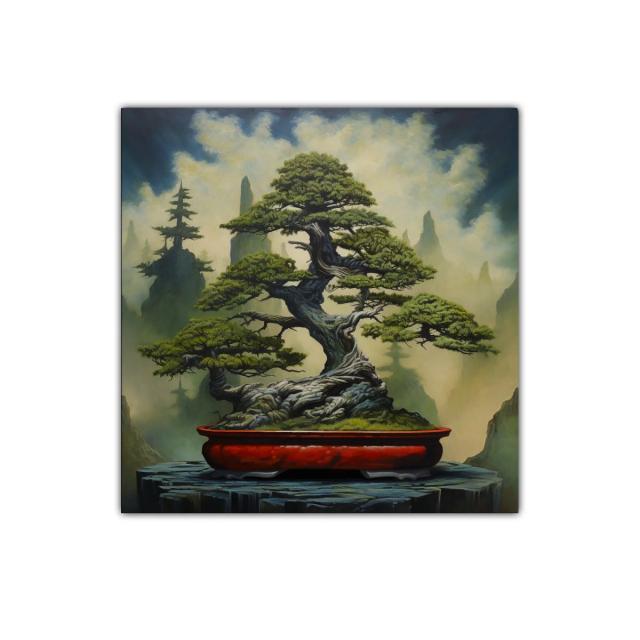 Serena composición de bonsái con atmósfera mística y paisajes