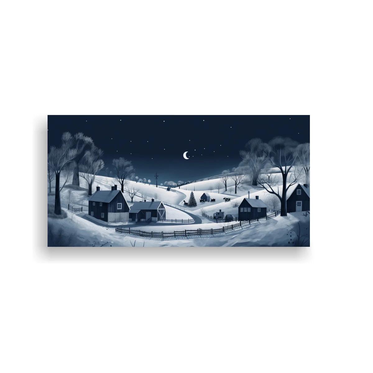 Cuadro pueblo nevado nocturno con luna creciente