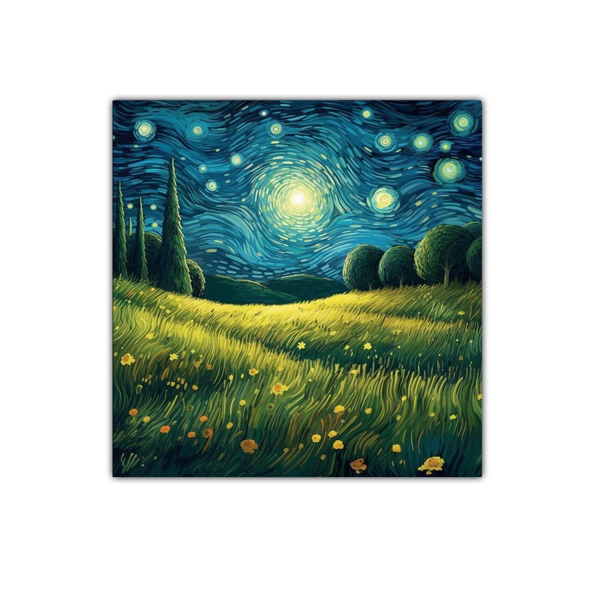Paisaje nocturno brillante con cielo estrellado y campo de flores — imagen principal