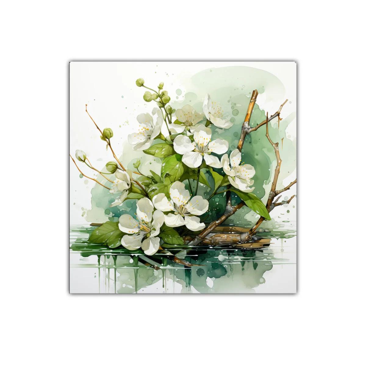 Cuadro decorativo con ramo de flores blancas y hojas verdes