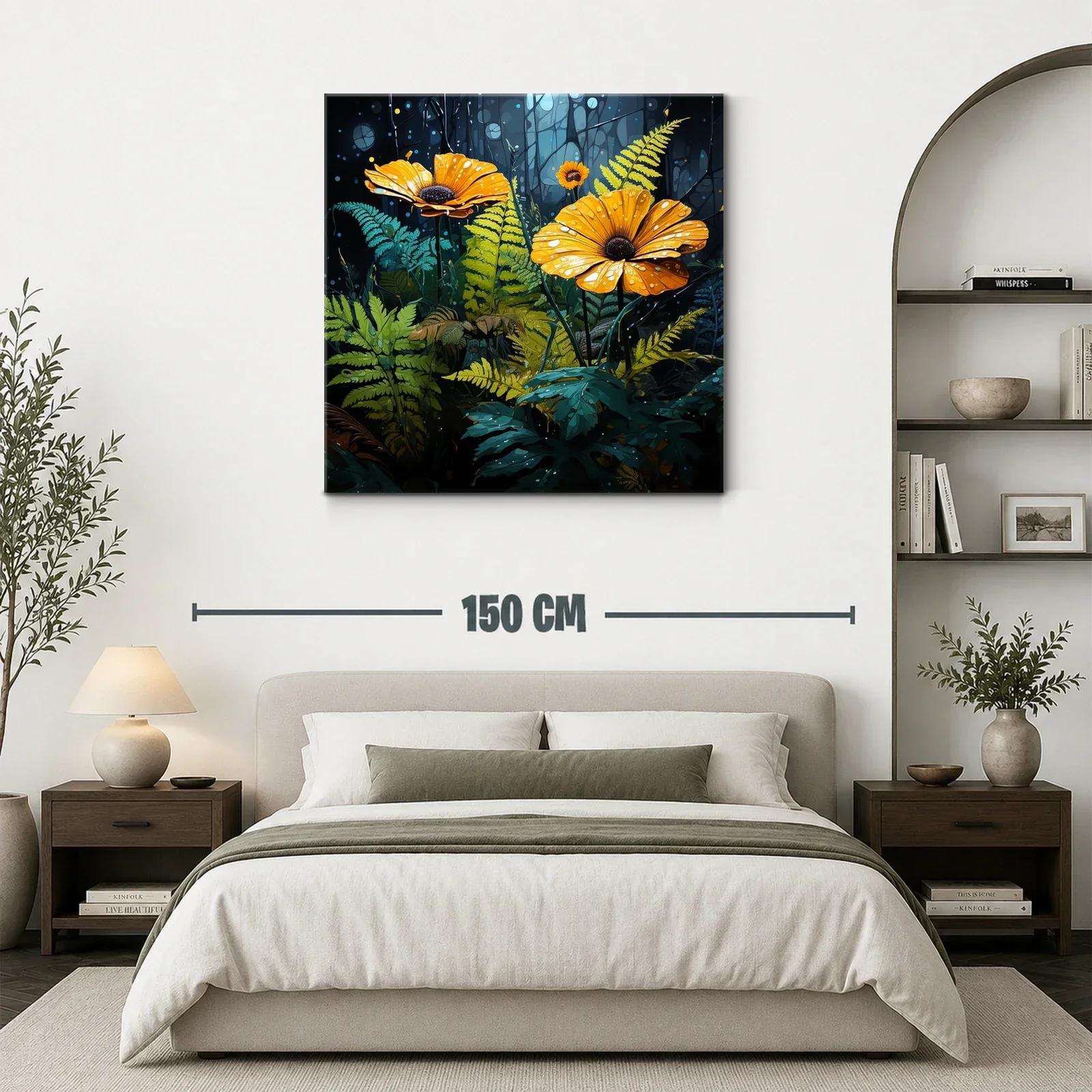 Flores amarillas en bosque oscuro con gotas de rocío — miniatura 3