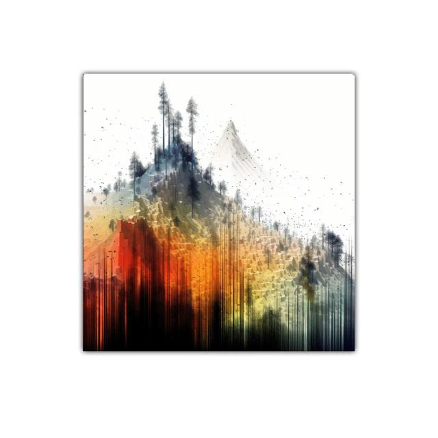 Paisaje abstracto con montañas y árboles en colores vivos