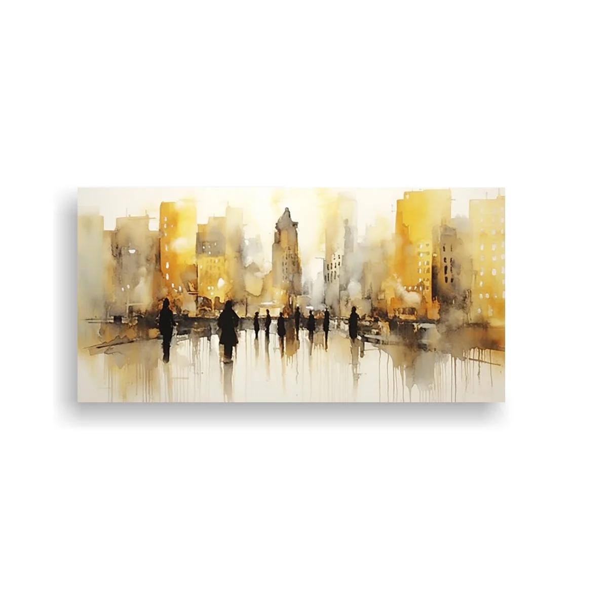 Cuadro skyline urbano con peatones y reflejos verticales