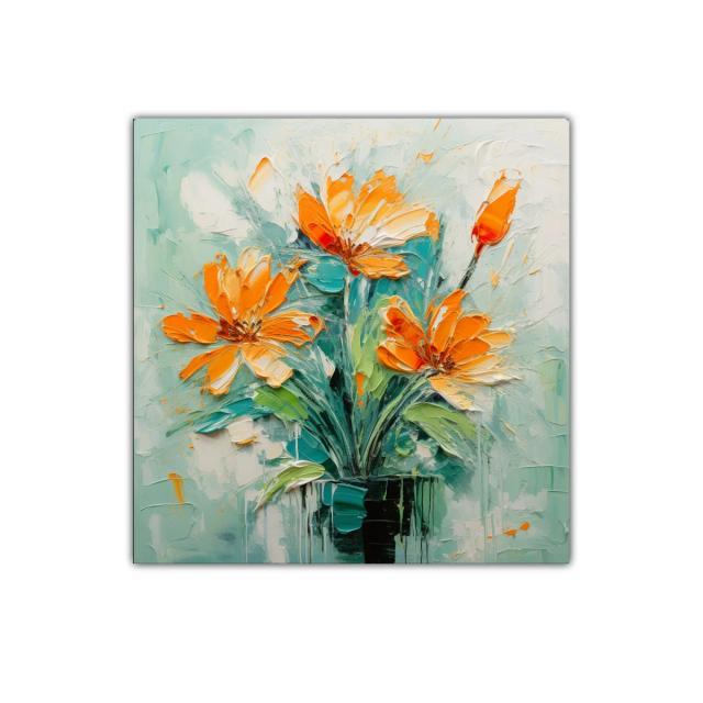 Cuadro floral vibrante con tonos naranjas y verdes