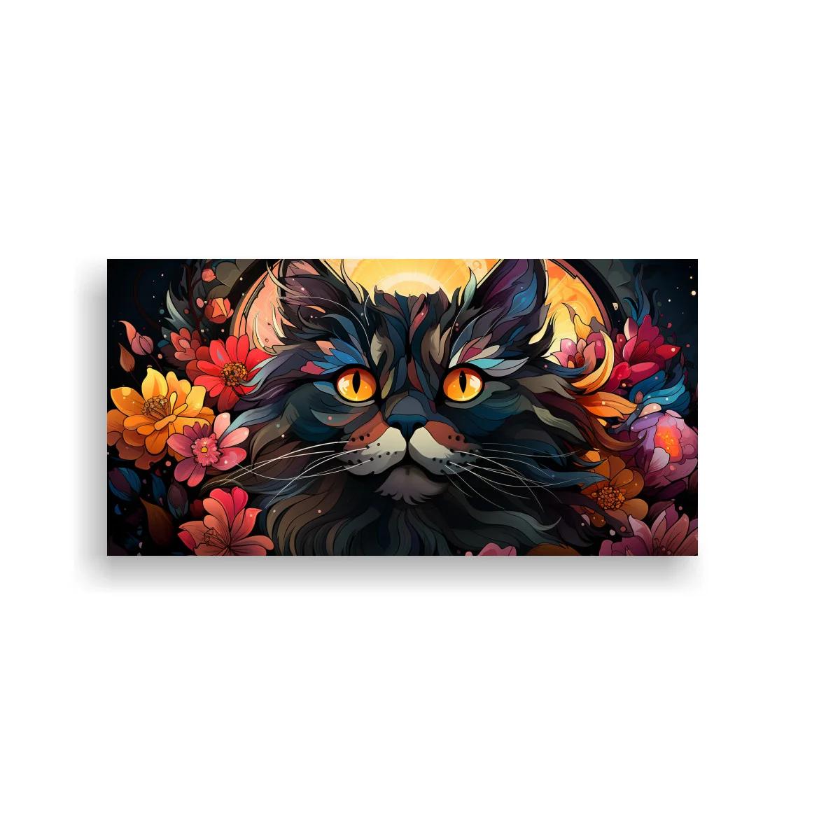 Cuadro gato de ojos naranjas con círculo luminoso y flores