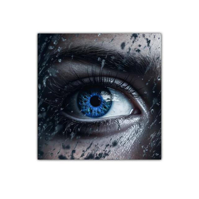 Impactante mirada azul con gotas en primer plano