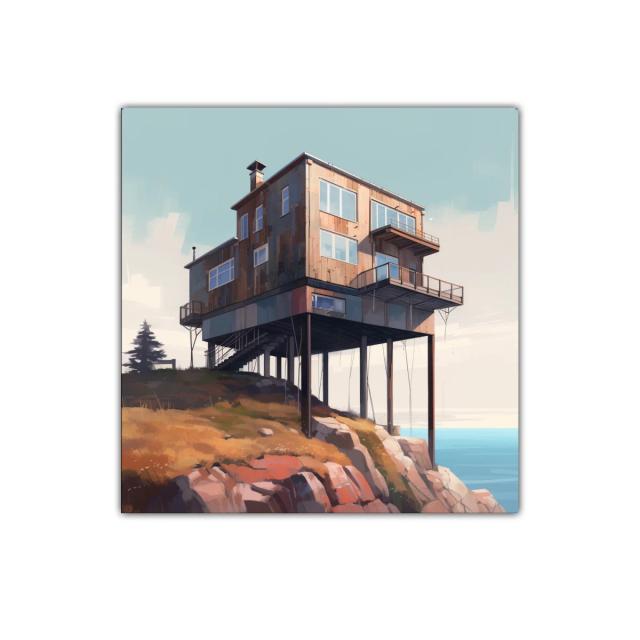 Casa sobre acantilado con vista al mar y cielo claro