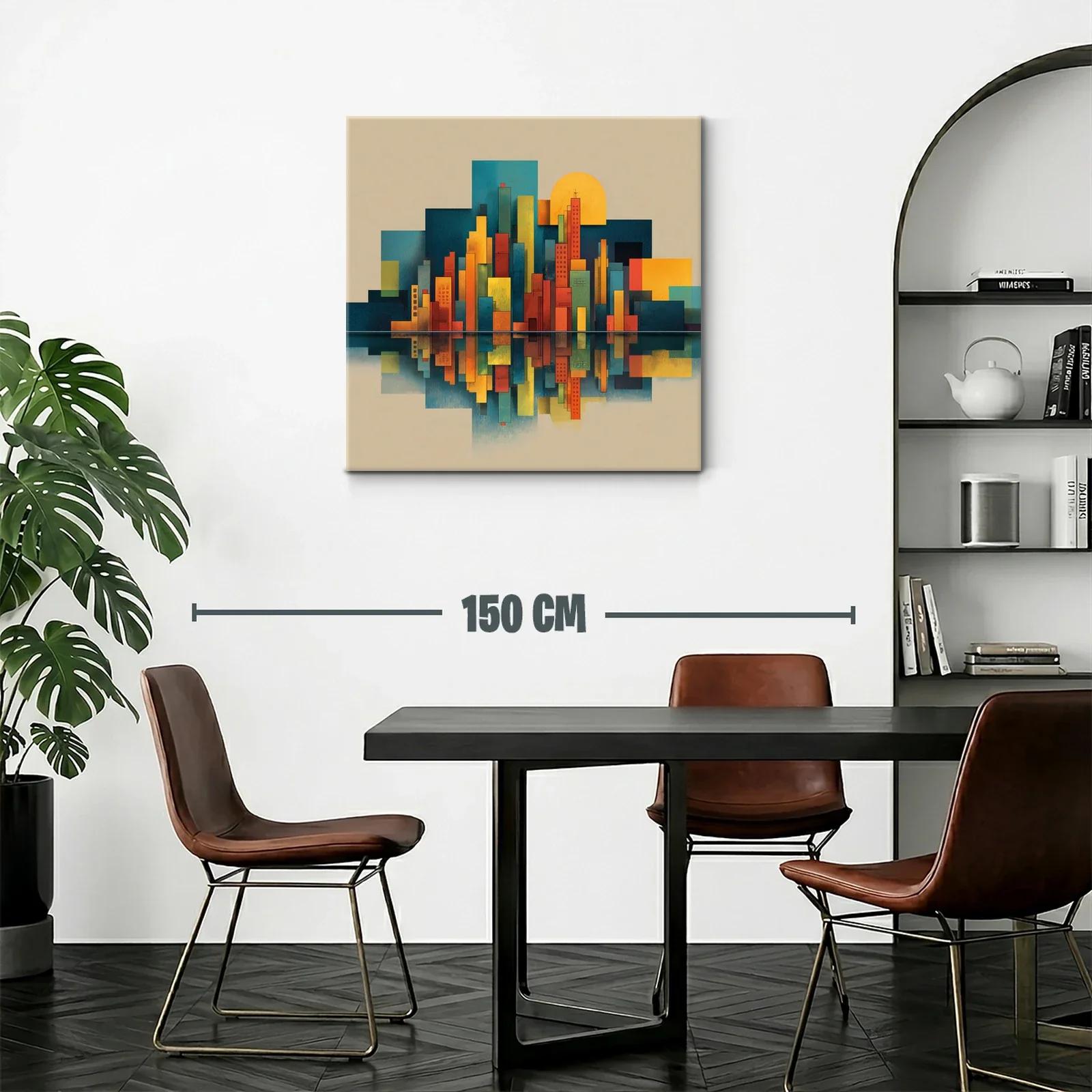 Cuadro de ciudad geométrica con reflejo al atardecer — miniatura 2