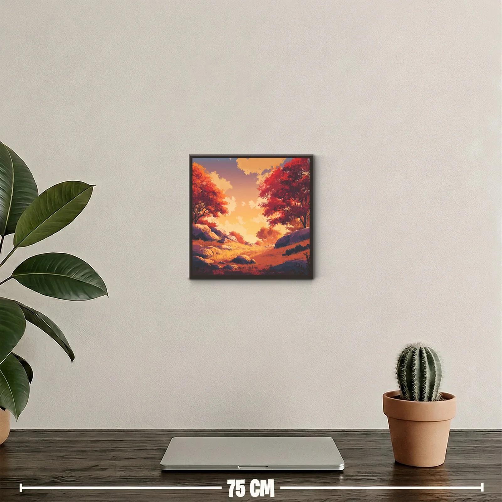 Paisaje otoñal con luz cálida y árboles rojos intensos — miniatura 2