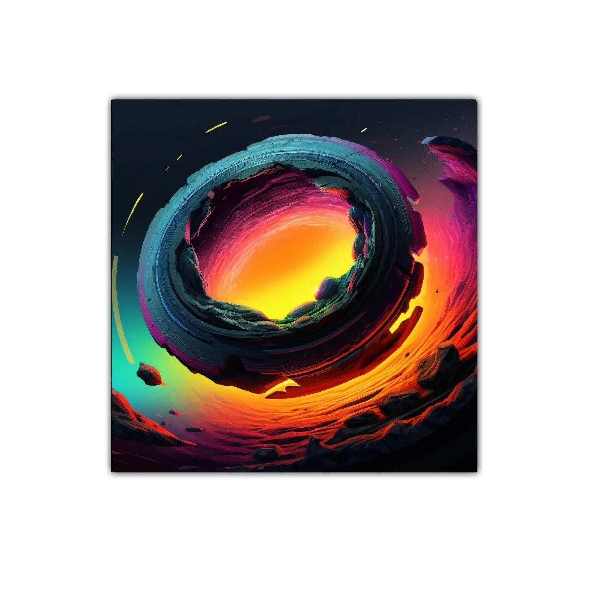 Cuadro abstracto con espiral de fuego y tonos vibrantes