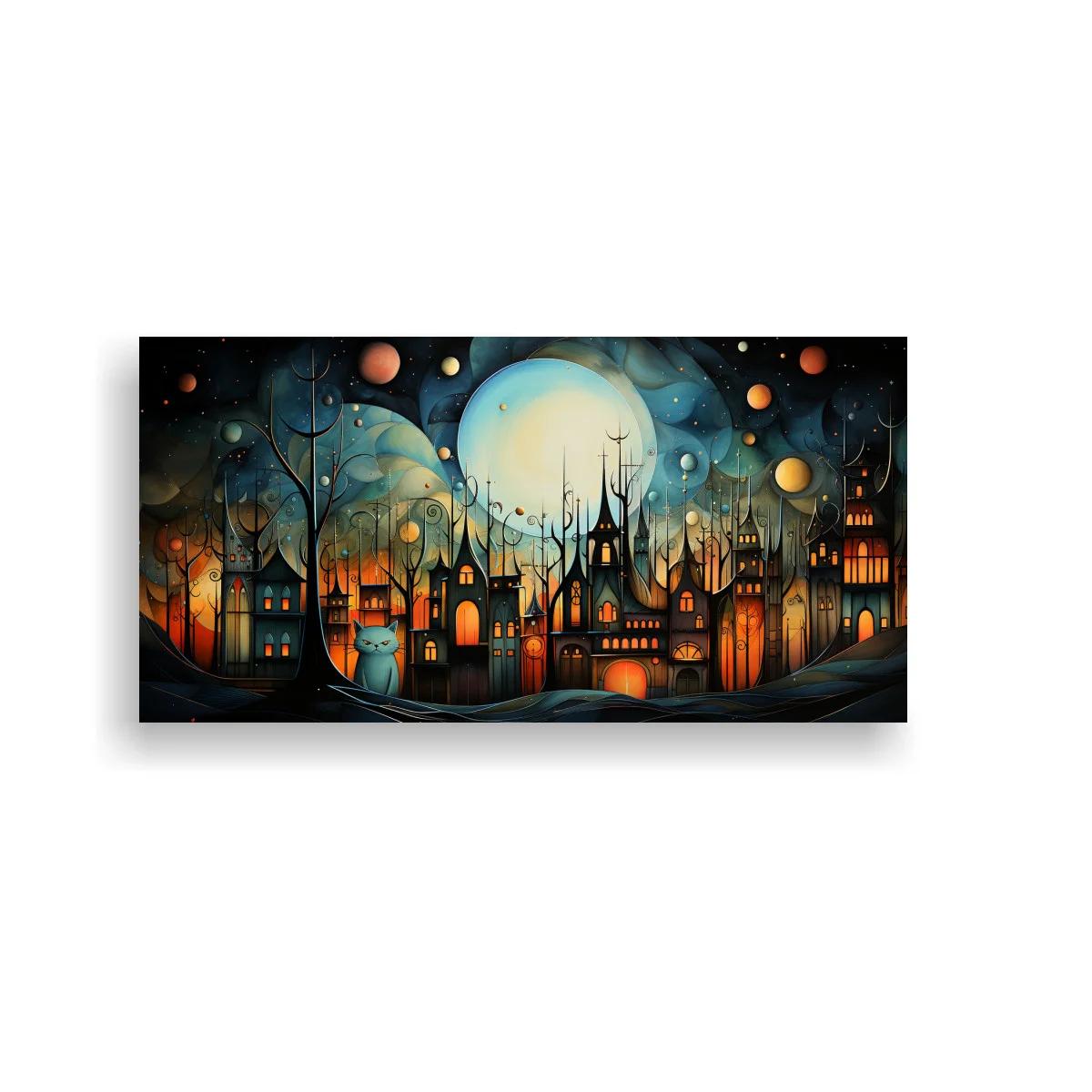 Cuadro ciudad fantástica nocturna bajo gran luna