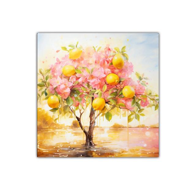 Árbol de limones con flores rosas en paisaje soleado