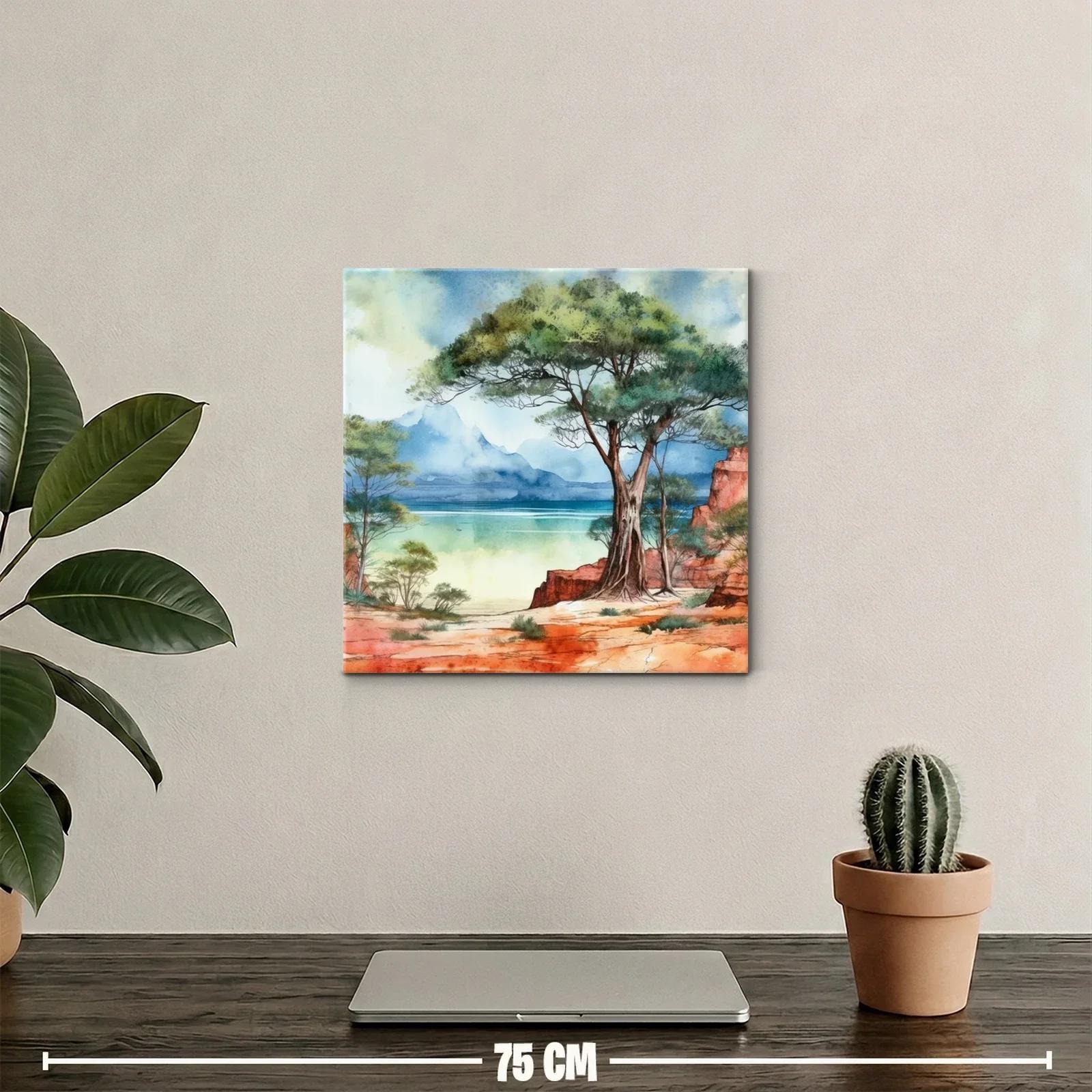 Paisaje natural con árbol y costa azul en tonos cálidos — miniatura 2