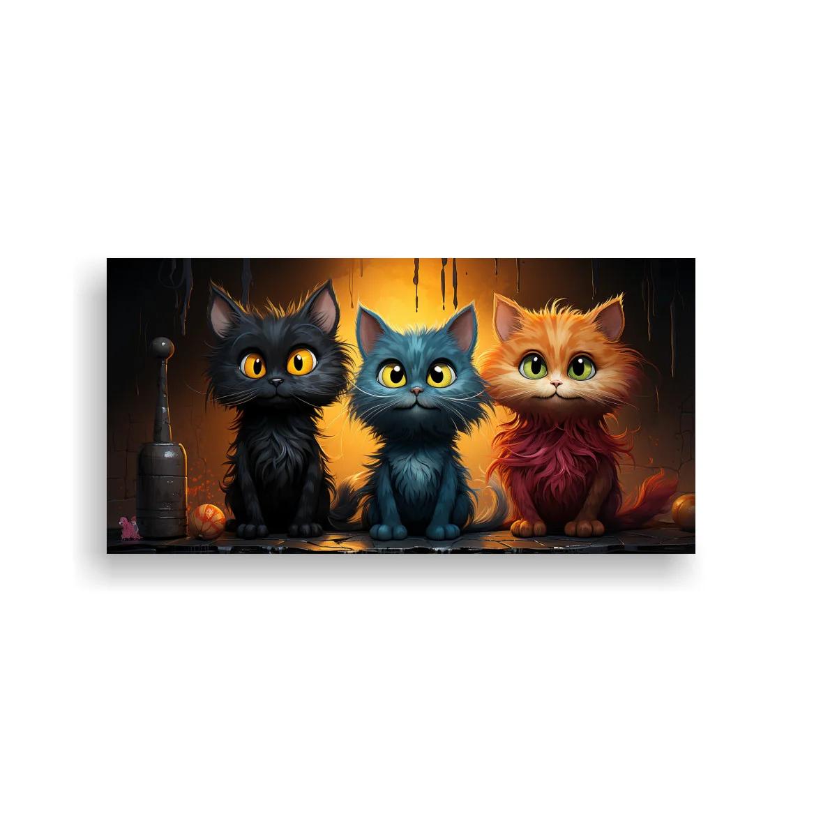 Cuadro tres gatos peludos con ovillo de lana y vela encendida
