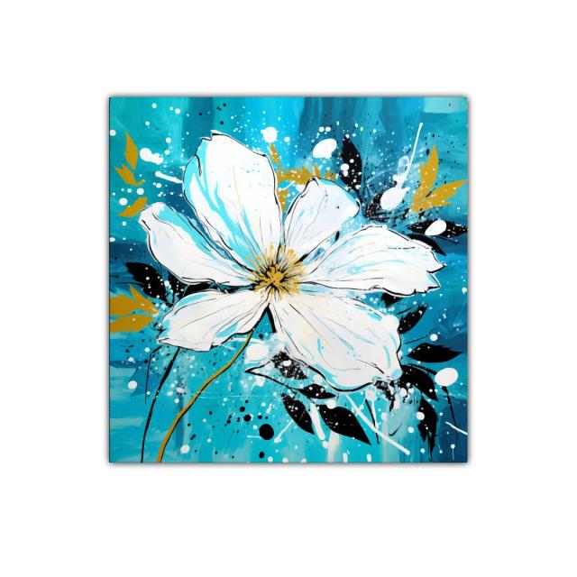 Flor blanca vibrante sobre fondo azul y acentos dorados