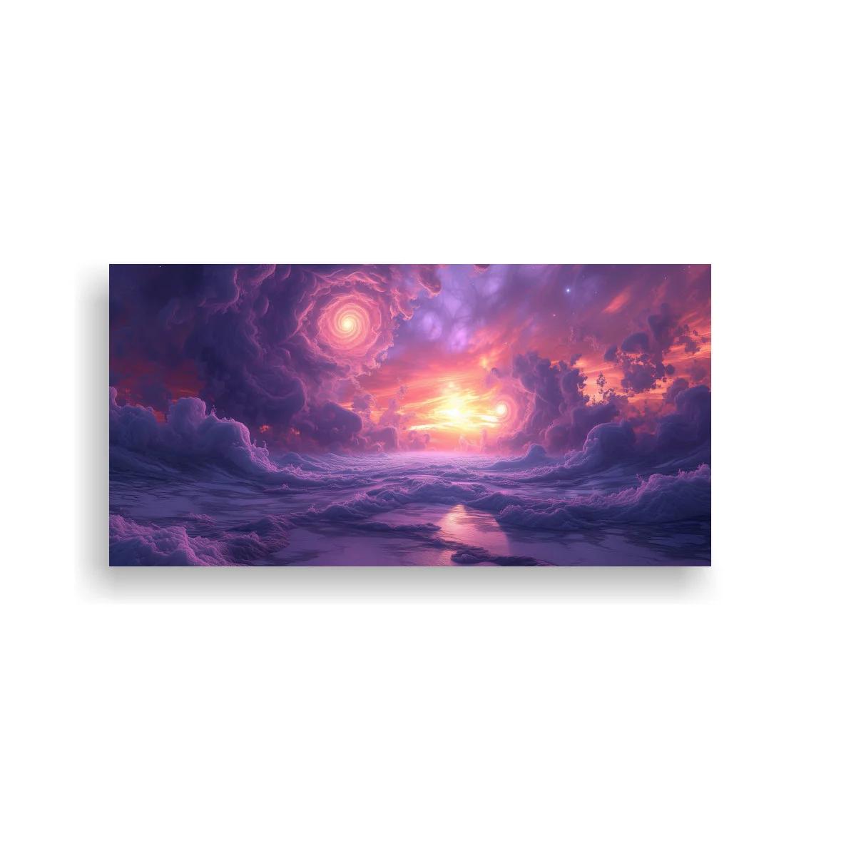 Cuadro paisaje celestial con dos soles y nubes luminosas