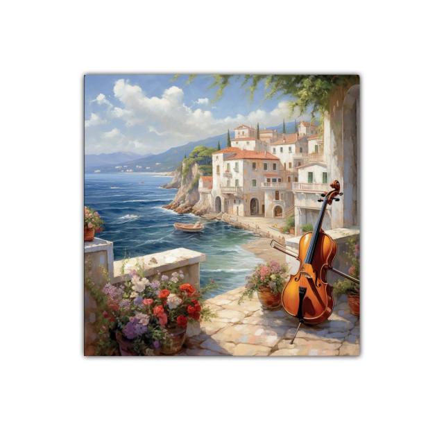 Paisaje costero con violonchelo y flores en primer plano