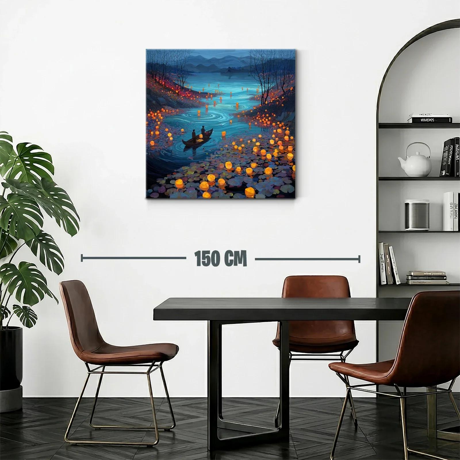 Río iluminado con faroles flotantes al atardecer — miniatura 2