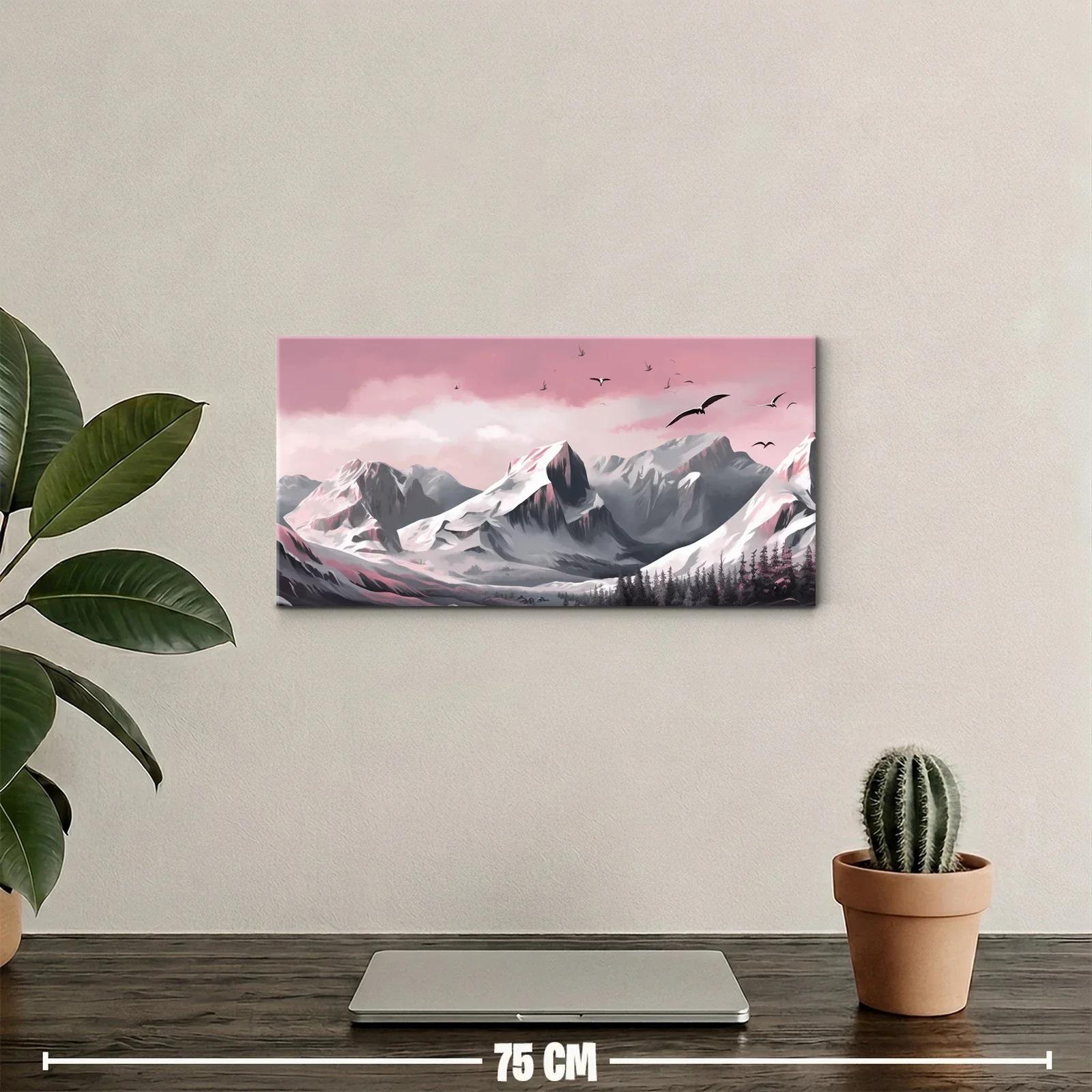 Cuadro cordillera nevada con aves y bosque — miniatura 2