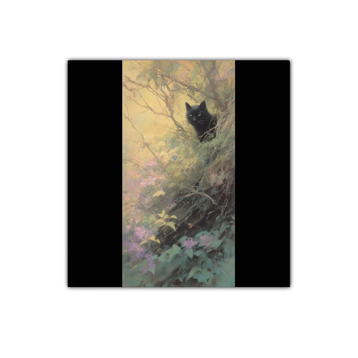 Gato negro en bosque mágico con tonos pastel — imagen principal