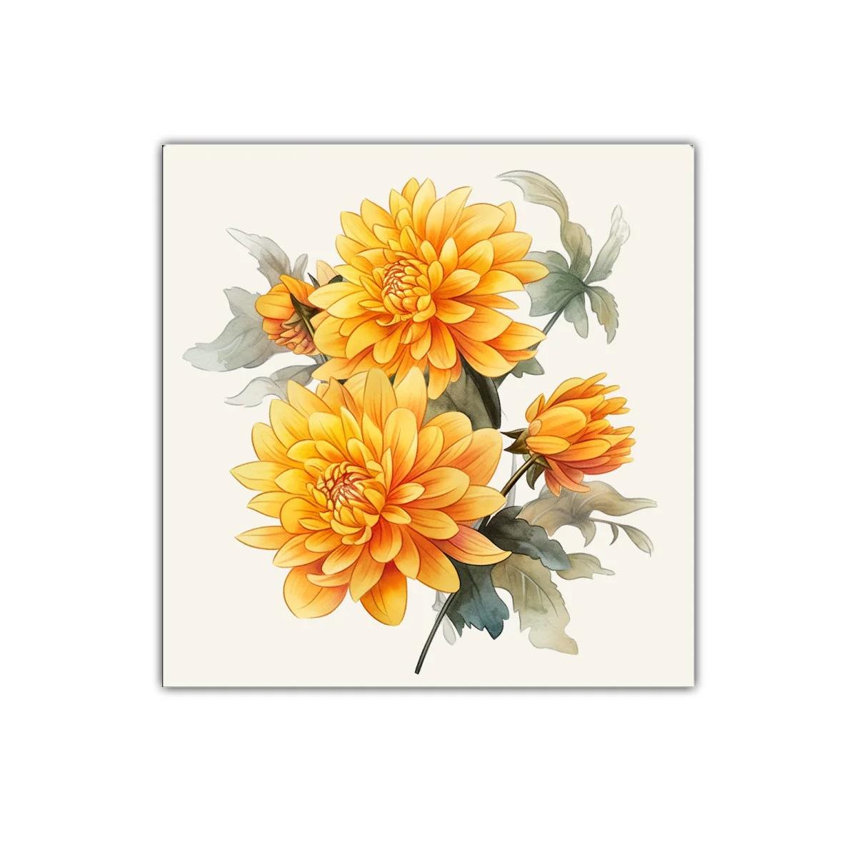Cuadro floral con dalias en tonos cálidos y hojas verdes — imagen principal