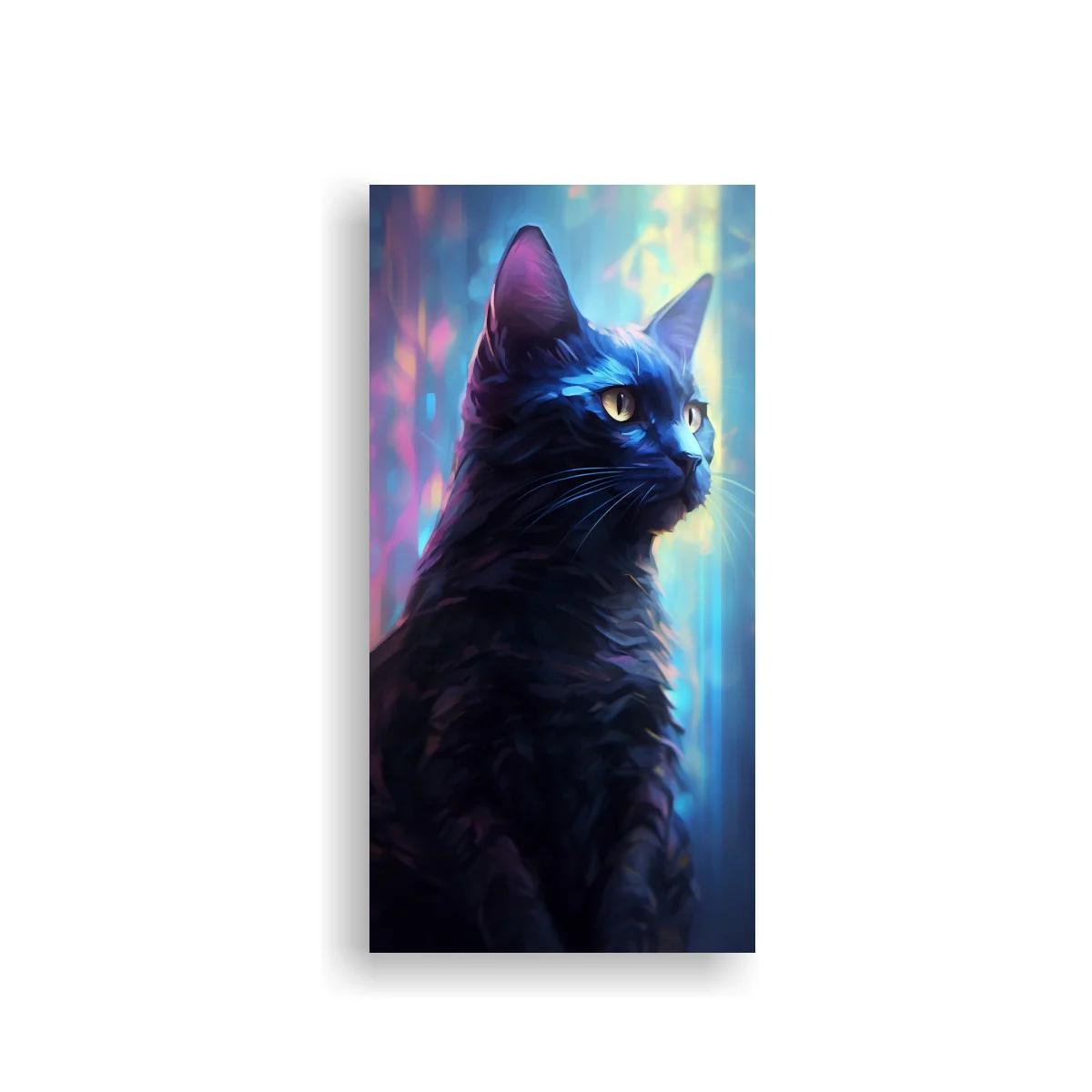 Cuadro gato negro con reflejos azules y violetas