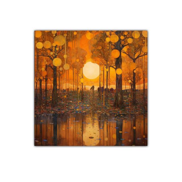 Atardecer dorado entre árboles y reflejos mágicos