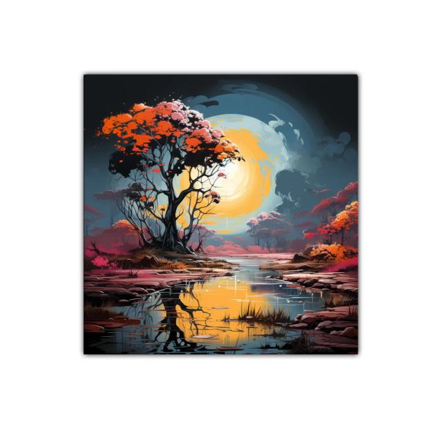 Paisaje onírico con árbol naranja frente al lago brillante