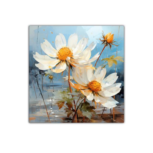 Cuadro decorativo con flores blancas y fondo azul