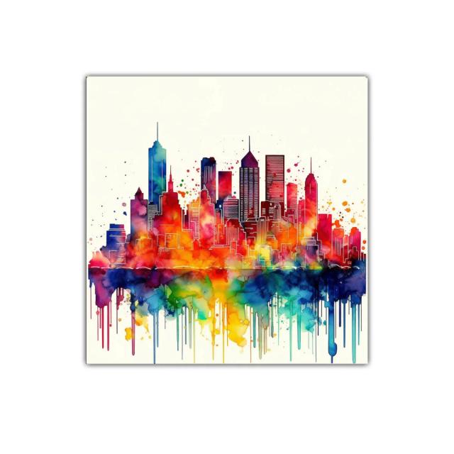 Colorida silueta urbana vibrante con efecto acuarela